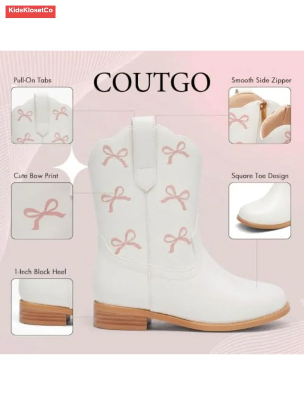 Girls Cowgirl Boots Bow Mid-Calf Faux Leather Western Boots
